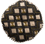 Pillow Round Embroidered Cotton w/ Pom Pom Trim Green & Black 16" by Homeportonline