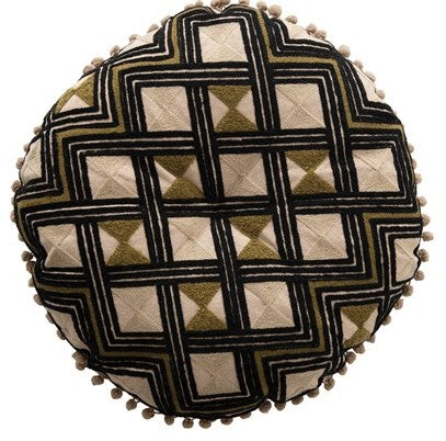 Pillow Round Embroidered Cotton w/ Pom Pom Trim Green & Black 16" by Homeportonline
