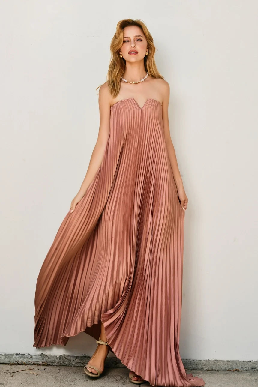 Dress Forum Satin Strapless Pleated Maxi Column Dress