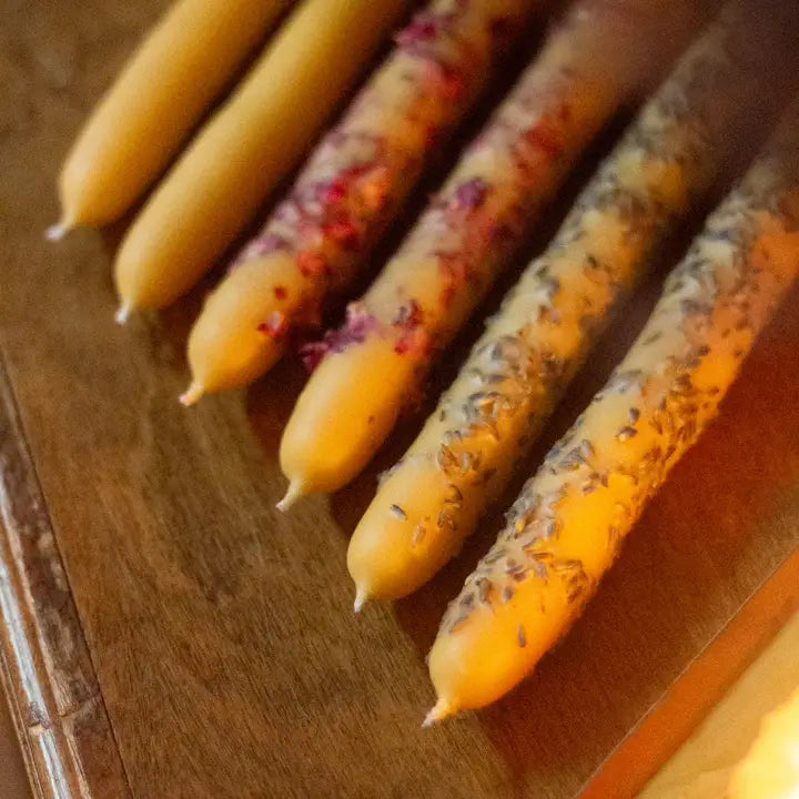 Hand Dipped Beeswax Taper Candle with Rose Petals