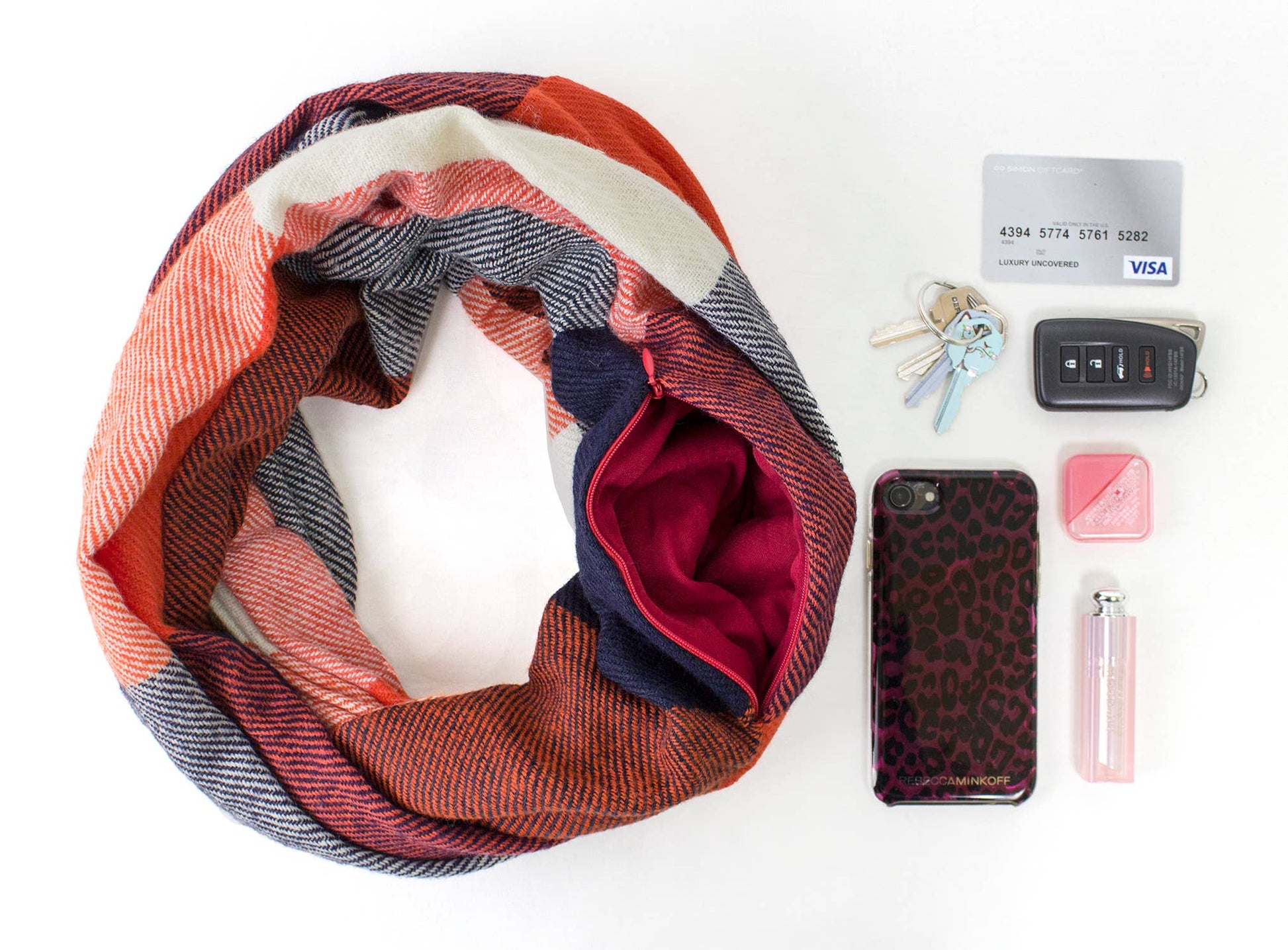 Stylish Plaid Infinity Scarf with Hidden Zipper: Muted Green & Red by SidePony Boutique