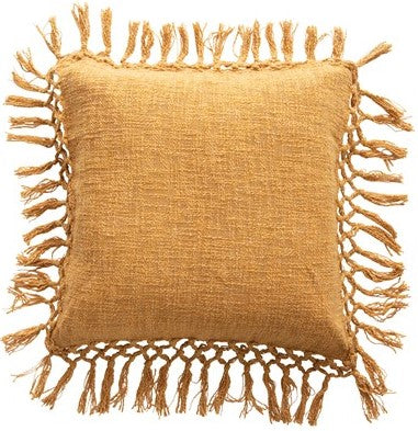 Pillow Cotton Slub With Crochet Edge & Fringe Mustard 20" Square by Homeportonline