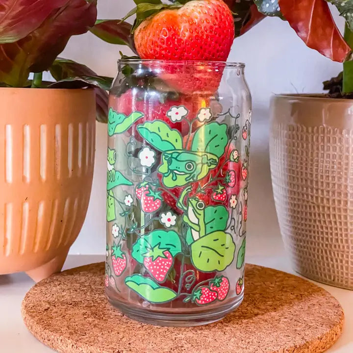 Strawberry Frog Can Glass| Cottage core, berries & frogs