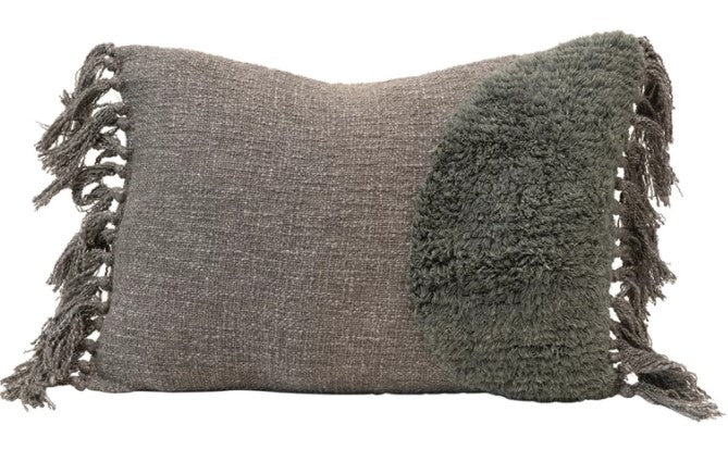 Pillow Lumbar Cotton Blend Tufted w/ Fringe, Grey by Homeportonline
