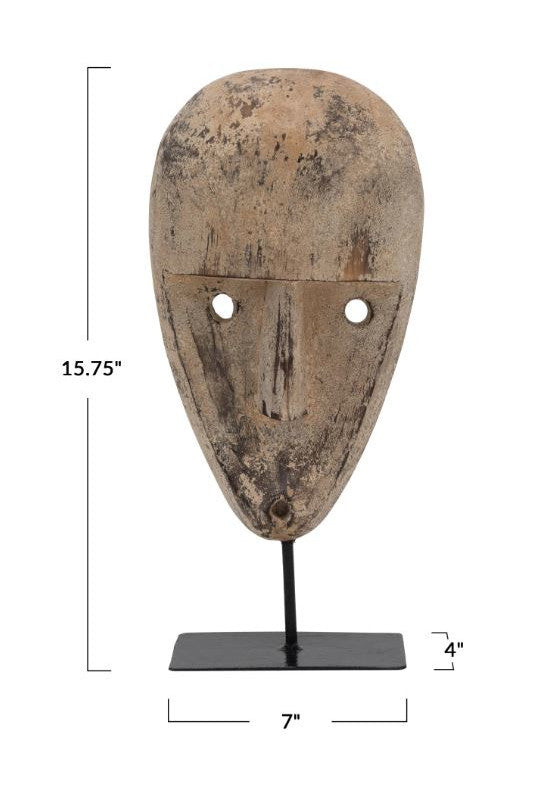 Decor Mask Wood Hand Carved On Metal Stand 15.75" High by Homeportonline