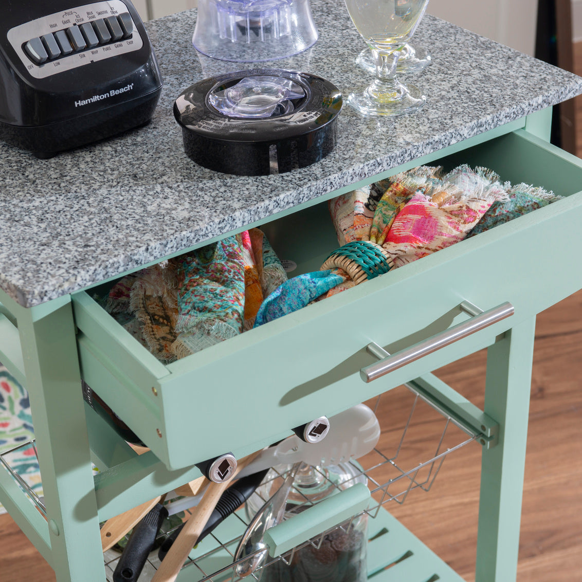 Zoey Kitchen Cart Granite Top Green Base by Homeportonline