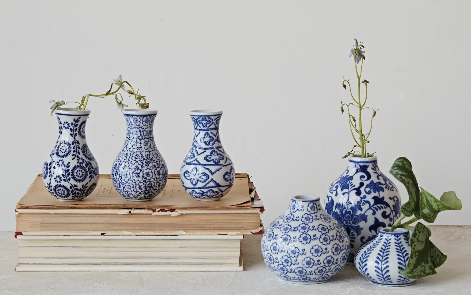 Vase Stoneware Hand-Stamped 3 Styles Blue & White Large 5.75"h by Homeportonline
