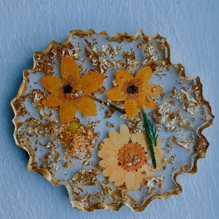 Boho Pressed Flower and Gold Leaf Coaster - Set of 4