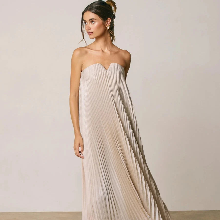 Dress Forum Satin Strapless Pleated Maxi Column Dress