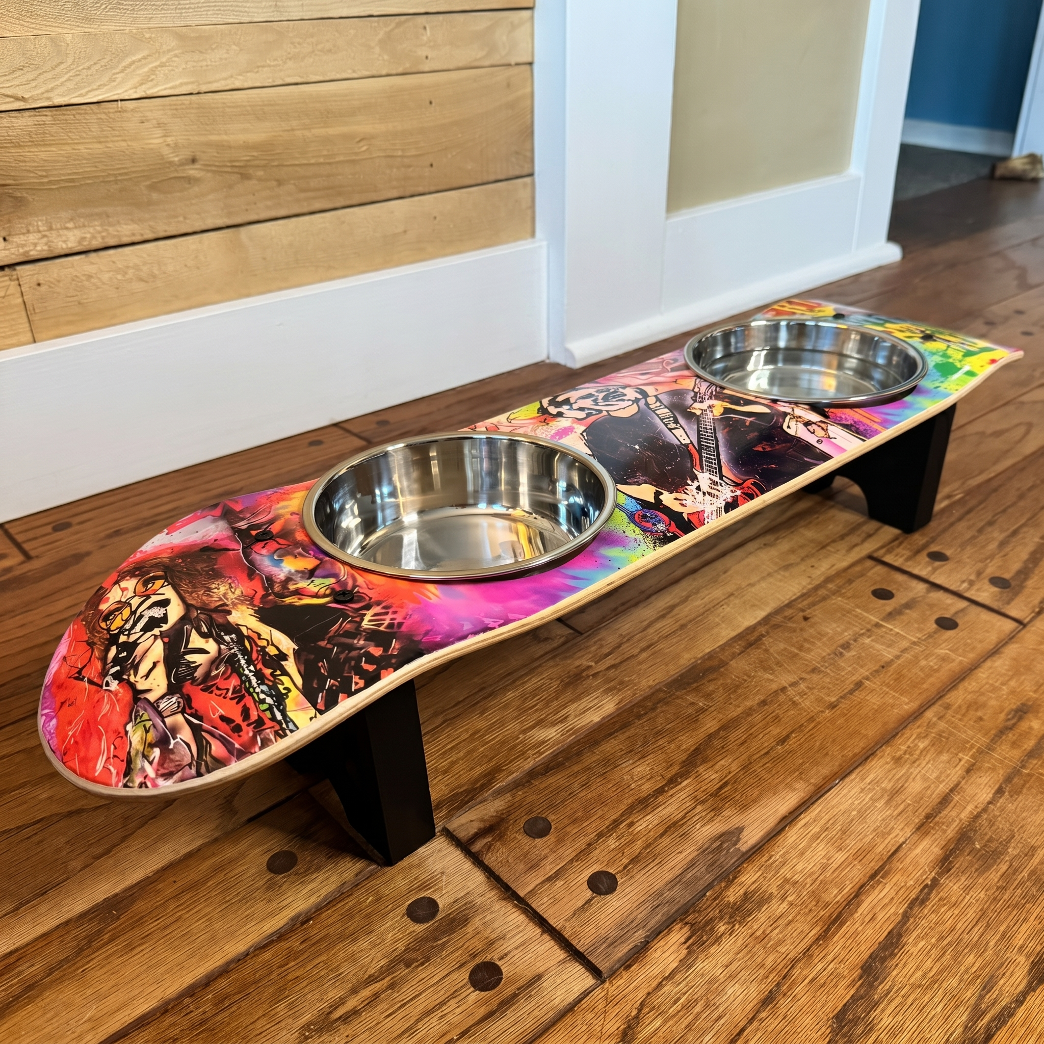 Musical Vibes - Elevated Skateboard Dog Feeding Stand with 2 Bowls