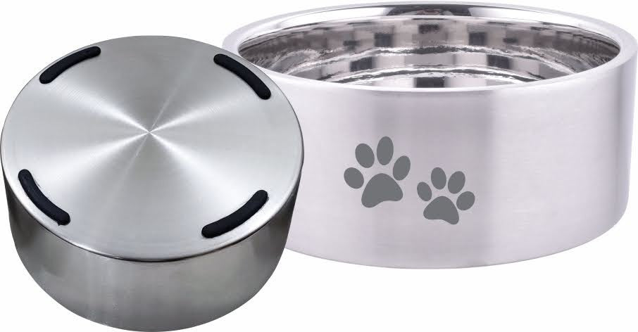 Indipet Double Wall Bowl Silver with Paw Prints 32oz by Pet Food Warehouse