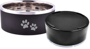 Indipet Double Wall Bowl Black with Paw Prints 62oz by Pet Food Warehouse