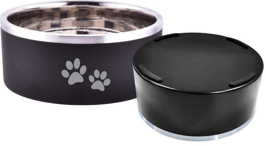 Indipet Double Wall Bowl Black with Paw Prints 62oz by Pet Food Warehouse