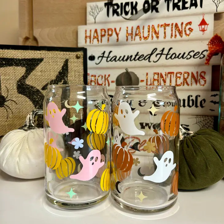 Ghost Cup, Pumpkin Glass Cup, Spooky Cup, Halloween Cup