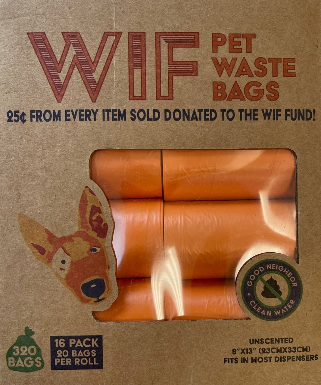 WIF Pet Poop Bags Orange Unscented 20ct Roll 16 pack by Pet Food Warehouse