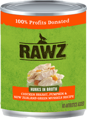 Rawz Hunks in Broth Chicken, Pumpkin, New Zealand Green Mussel Dog Food 10oz by Pet Food Warehouse