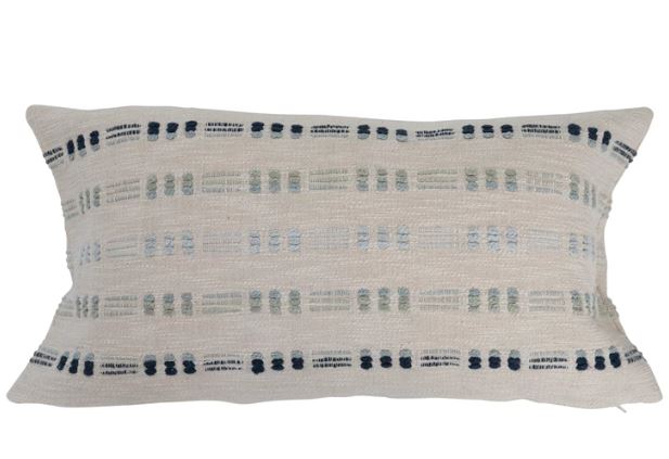 Pillow Lumbar Embroidered White With Blues & Green 14" x 28" by Homeportonline