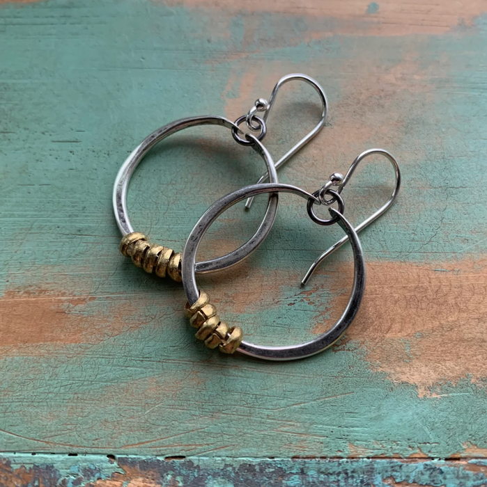 Silver Hoop Earrings with Brass Heishi - 4 Sizes