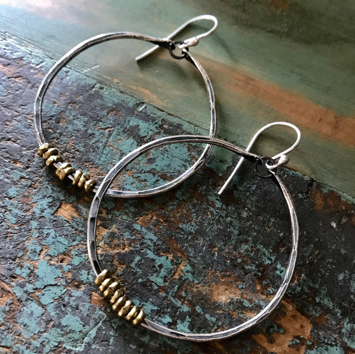Silver Hoop Earrings with Brass Heishi - 4 Sizes