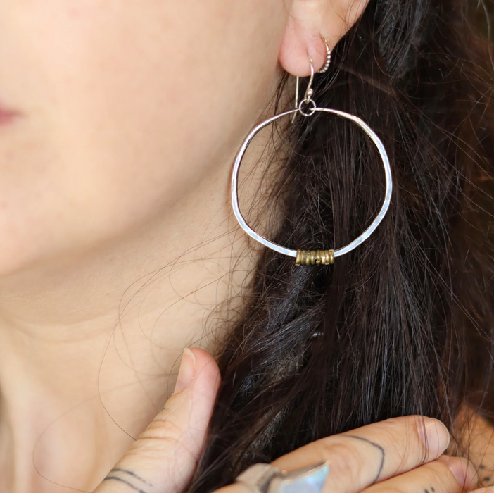 Silver Hoop Earrings with Brass Heishi - 4 Sizes