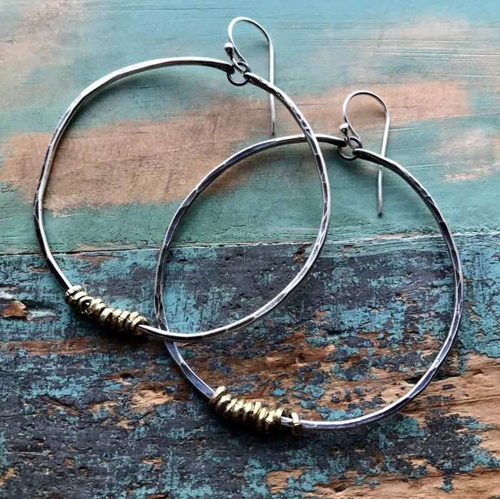 Silver Hoop Earrings with Brass Heishi - 4 Sizes