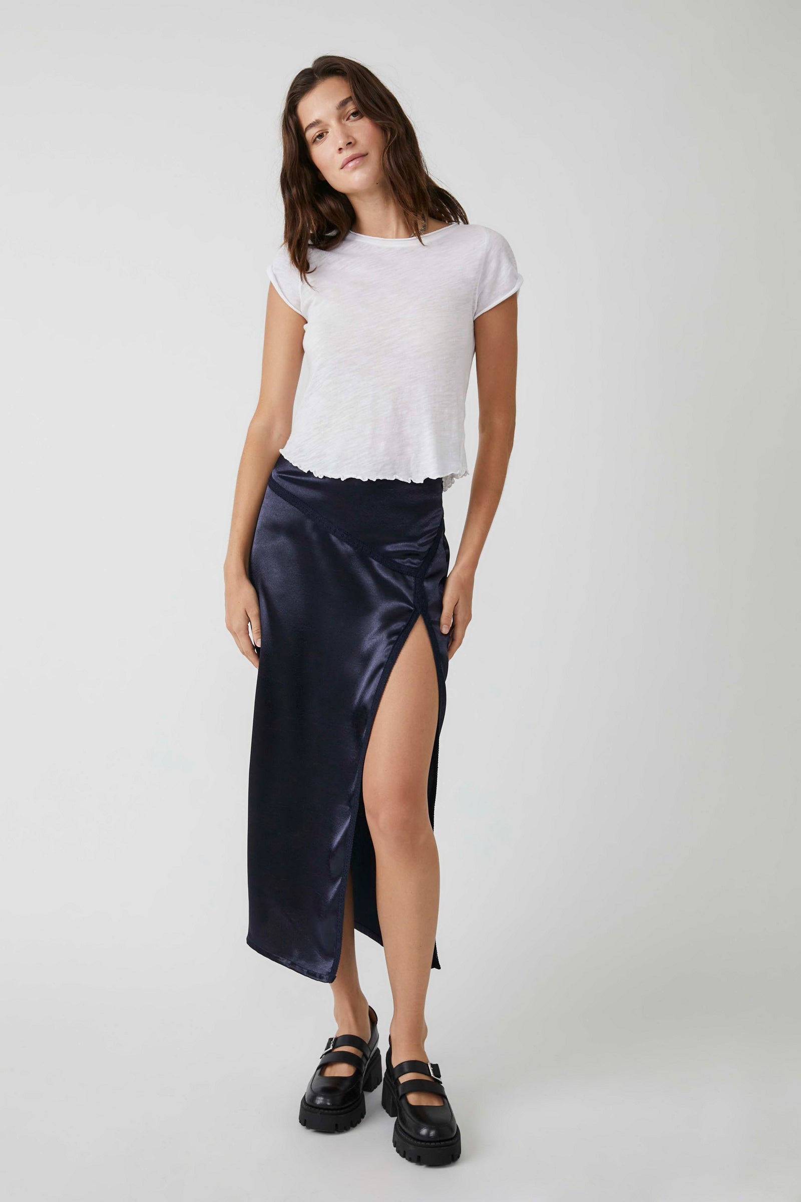 Free People Dakota Satin Midi Skirt - Navy by Harbour Thread