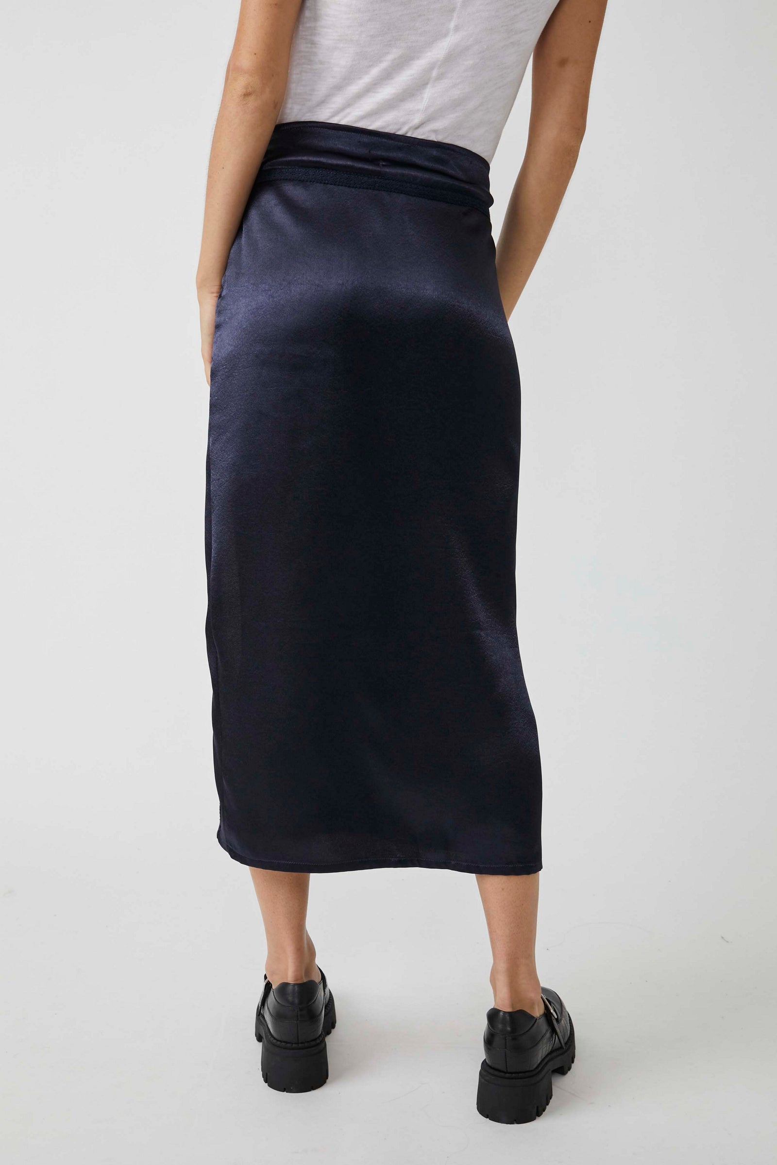 Free People Dakota Satin Midi Skirt - Navy by Harbour Thread