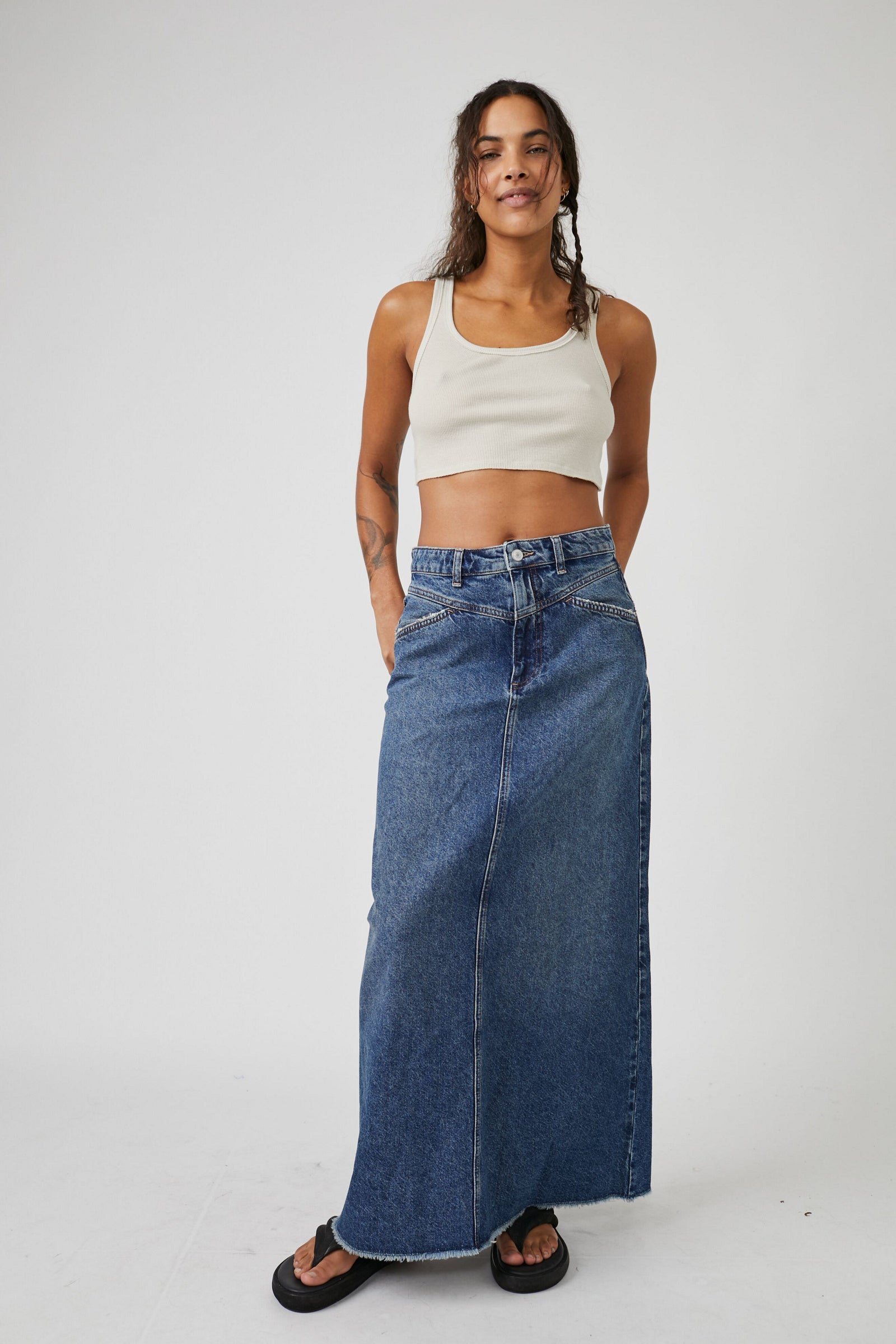 Free People Come As You Are Denim Maxi Skirt - Dark Indigo