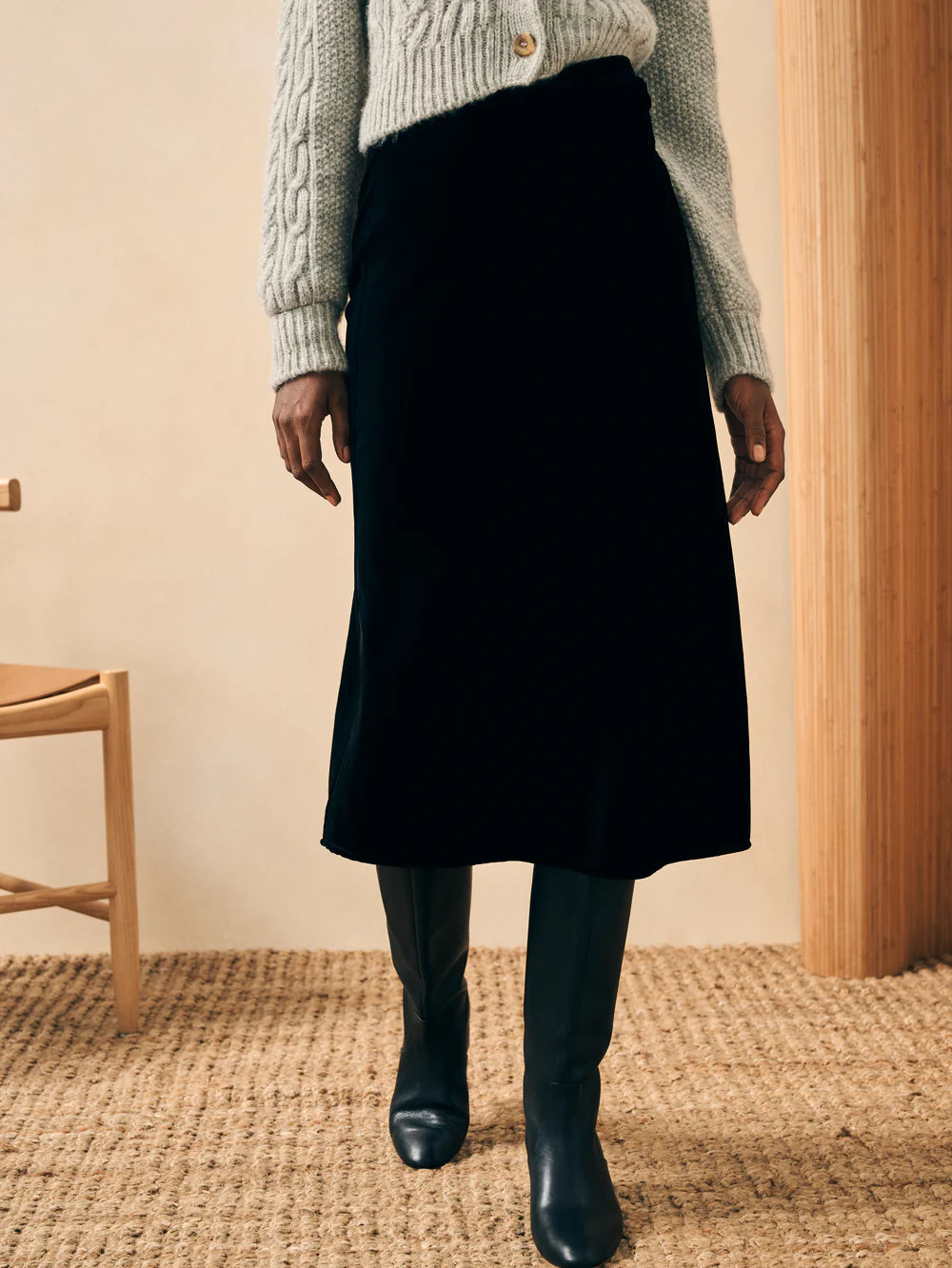 Faherty Stretch Silk Velvet Ina Slip Skirt - Black by Harbour Thread