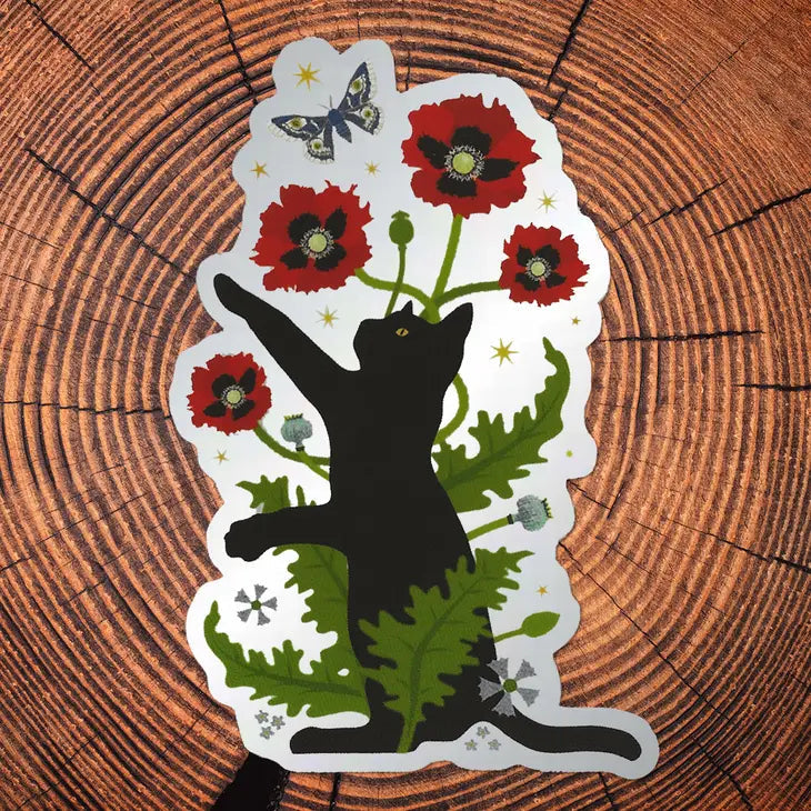 Black Cat & Poppies Matte Mirror Pvc-Free Sticker by Wild Lark
