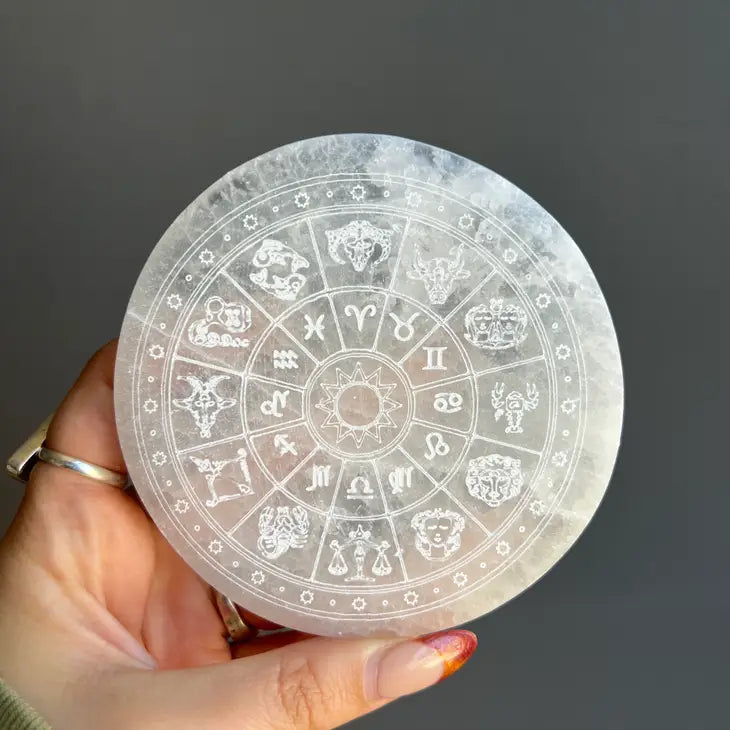 Selenite Etched Zodiac Crystal Plate by Wild Lark