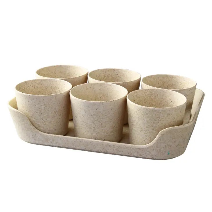 Sustainable Eco Planter Herb Pot with Tray Set of 6, Sand Beige by Wild Lark