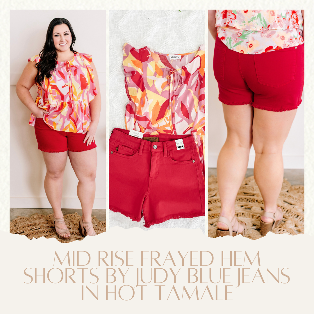 Mid Rise Frayed Hem Shorts By Judy Blue Jeans In Hot Tamale by SidePony Boutique