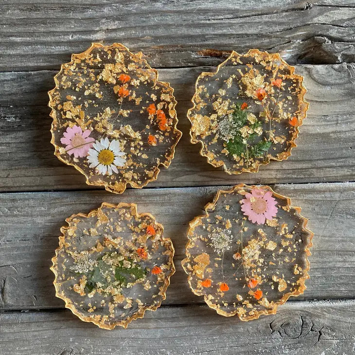 Boho Pressed Flower and Gold Leaf Coaster - Set of 4 by Wild Lark