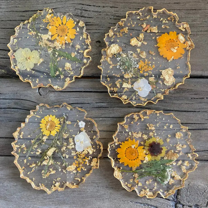 Boho Pressed Flower and Gold Leaf Coaster - Set of 4 by Wild Lark