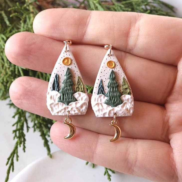 Enchanted Christmas Tree Winter Clay Gold Moon Earrings by Wild Lark