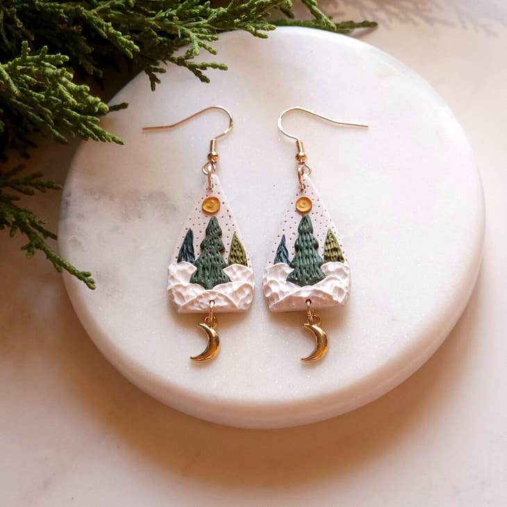 Enchanted Christmas Tree Winter Clay Gold Moon Earrings by Wild Lark