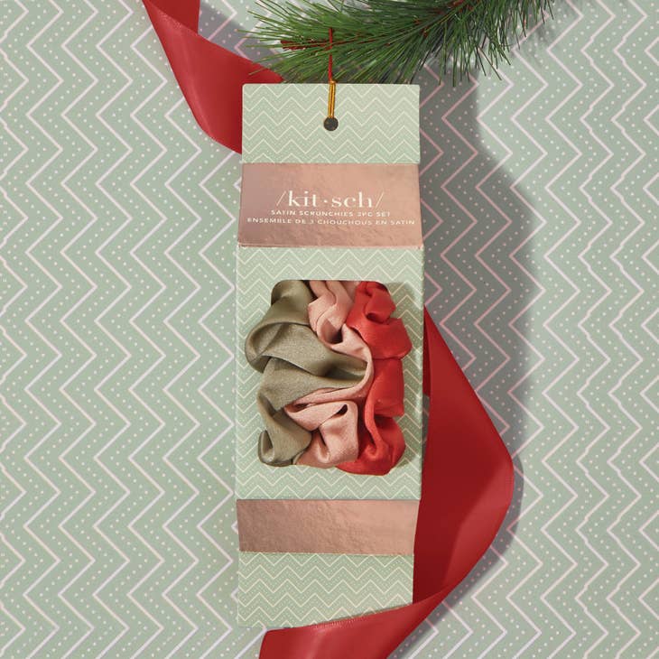 Holiday Ornament Satin Scrunchies 3pc Set- Pinksettia by Wild Lark