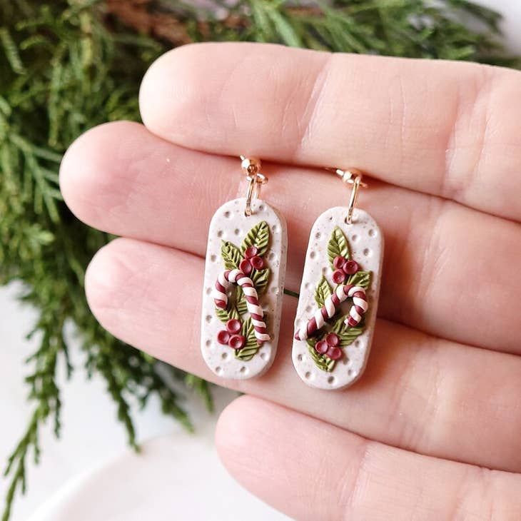 Winter Candy Cane Holly Leaf Christmas Clay Dangle Earrings by Wild Lark