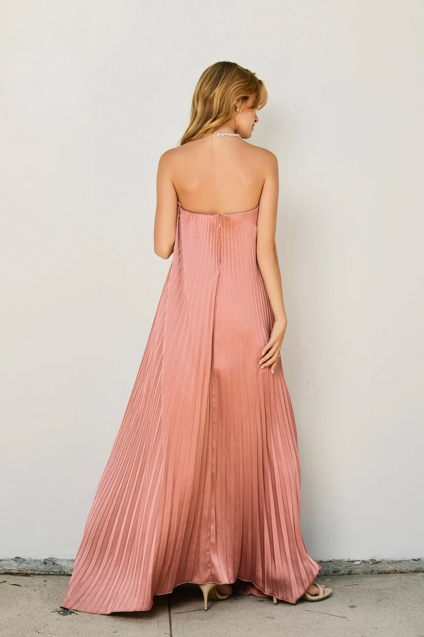 Dress Forum Satin Strapless Pleated Maxi Column Dress