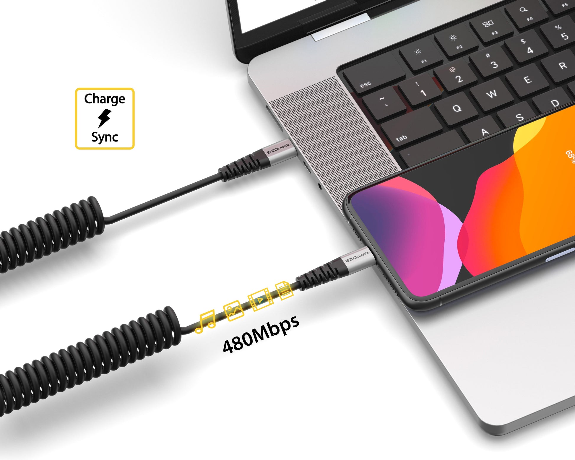 EZQuest Duraguard Coiled USB-C to USB-C Charge and Sync Cable 100W - 1.5 Meter - Black by Small Dog Electronics