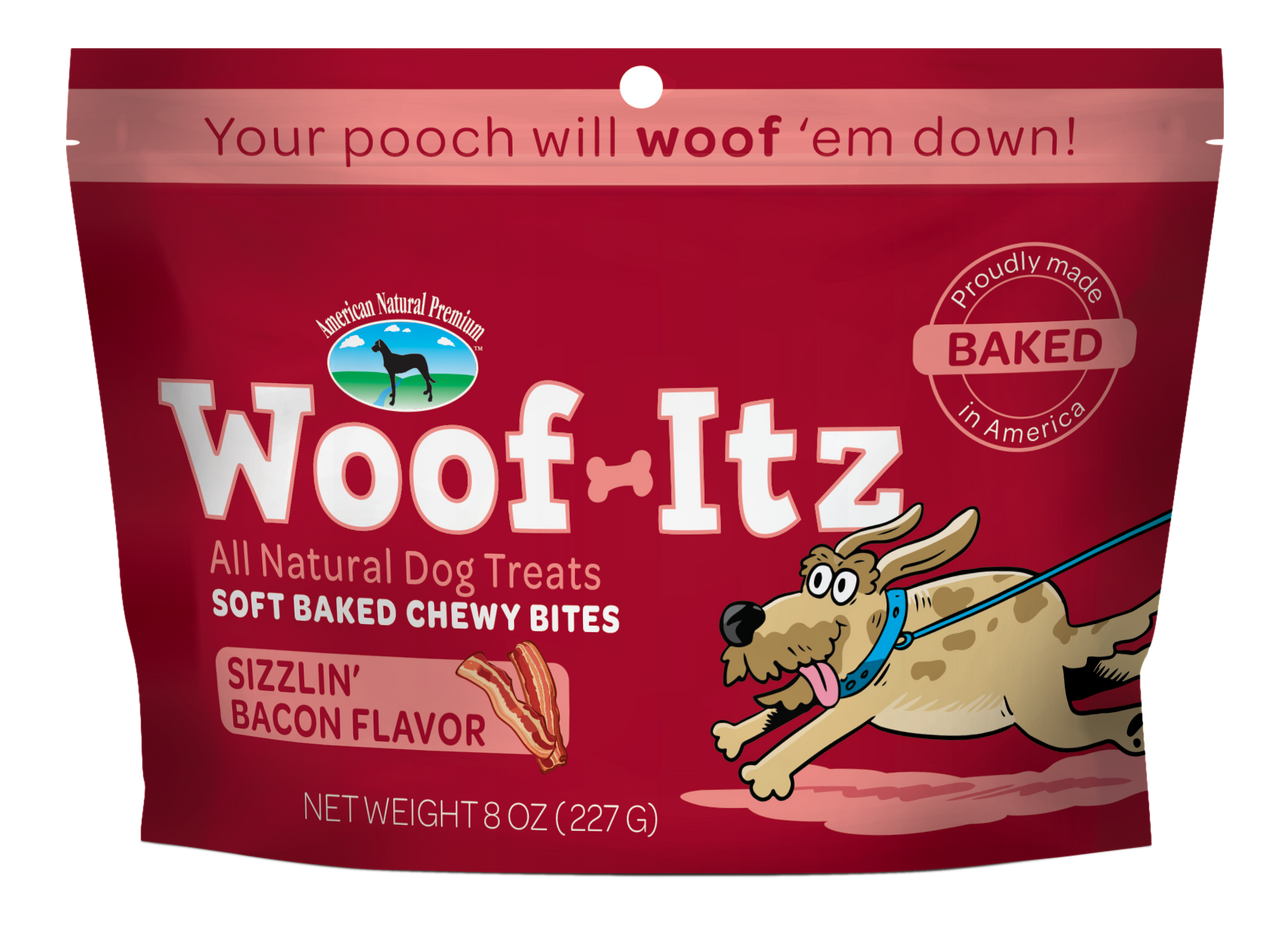 American Natural Premium Dog Treat Woof-Itz Sizzlin Bacon 8oz by Pet Food Warehouse