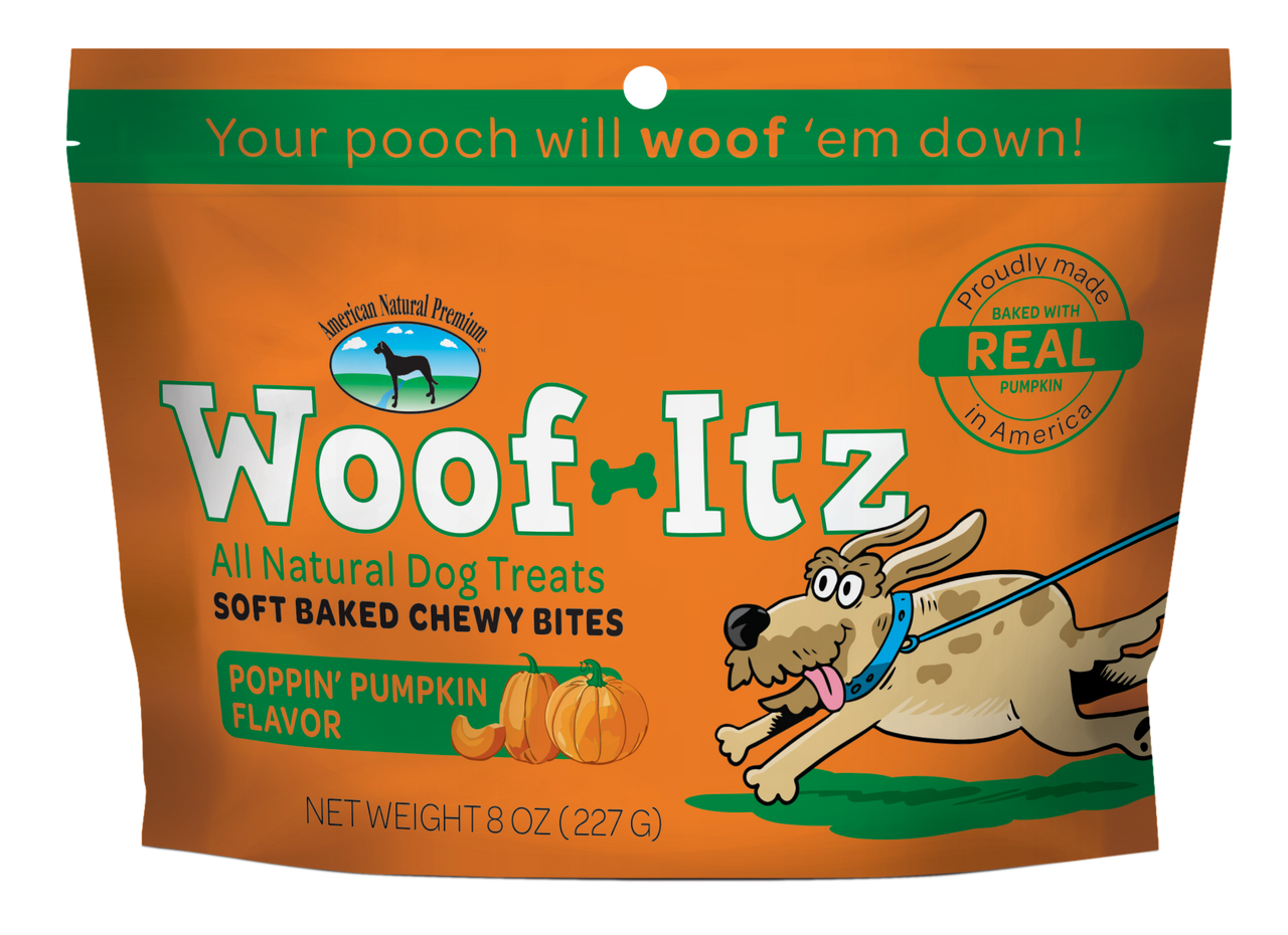 American Natural Premium Dog Treat Woof-Itz Poppin Pumpkin 8oz by Pet Food Warehouse