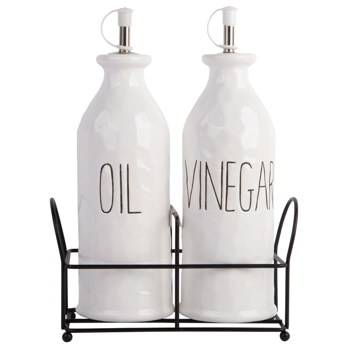 Salad Dressing Set - White Debossed Oil & Vinegar Bottles w/Metal Rack by Homeportonline