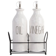 Salad Dressing Set - White Debossed Oil & Vinegar Bottles w/Metal Rack by Homeportonline