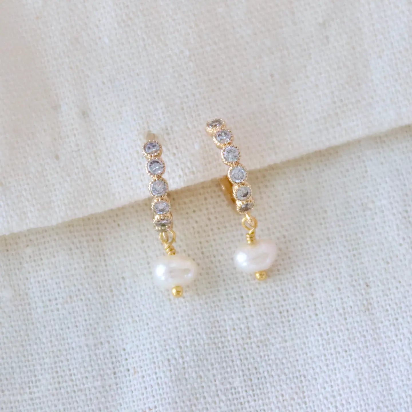 Mesa Blue Gold Zircon and Freshwater Pearl Huggie Earrings by Harbour Thread