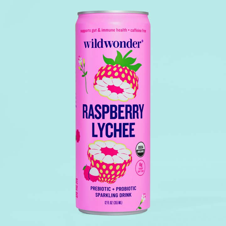 Raspberry Lychee Sparkling Prebiotic + Probiotic Drink by Wild Lark