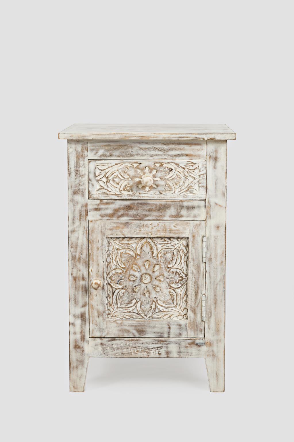 Global Archive Devi Accent Table Hand Carved Solid Mango Weathered White by Homeportonline