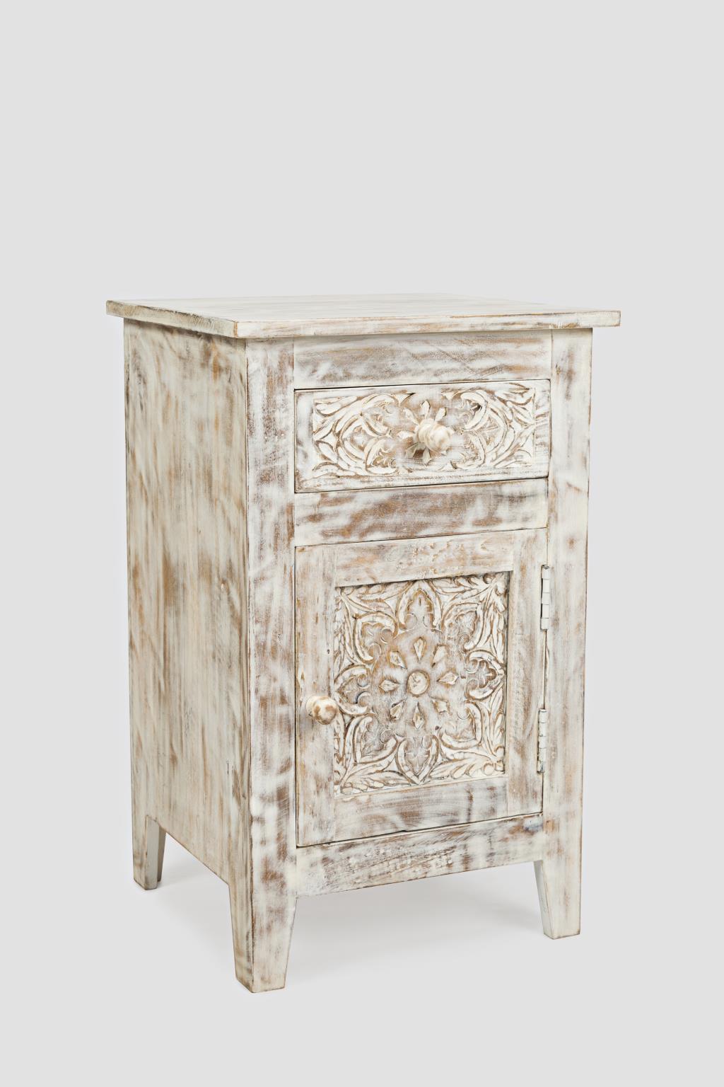 Global Archive Devi Accent Table Hand Carved Solid Mango Weathered White by Homeportonline