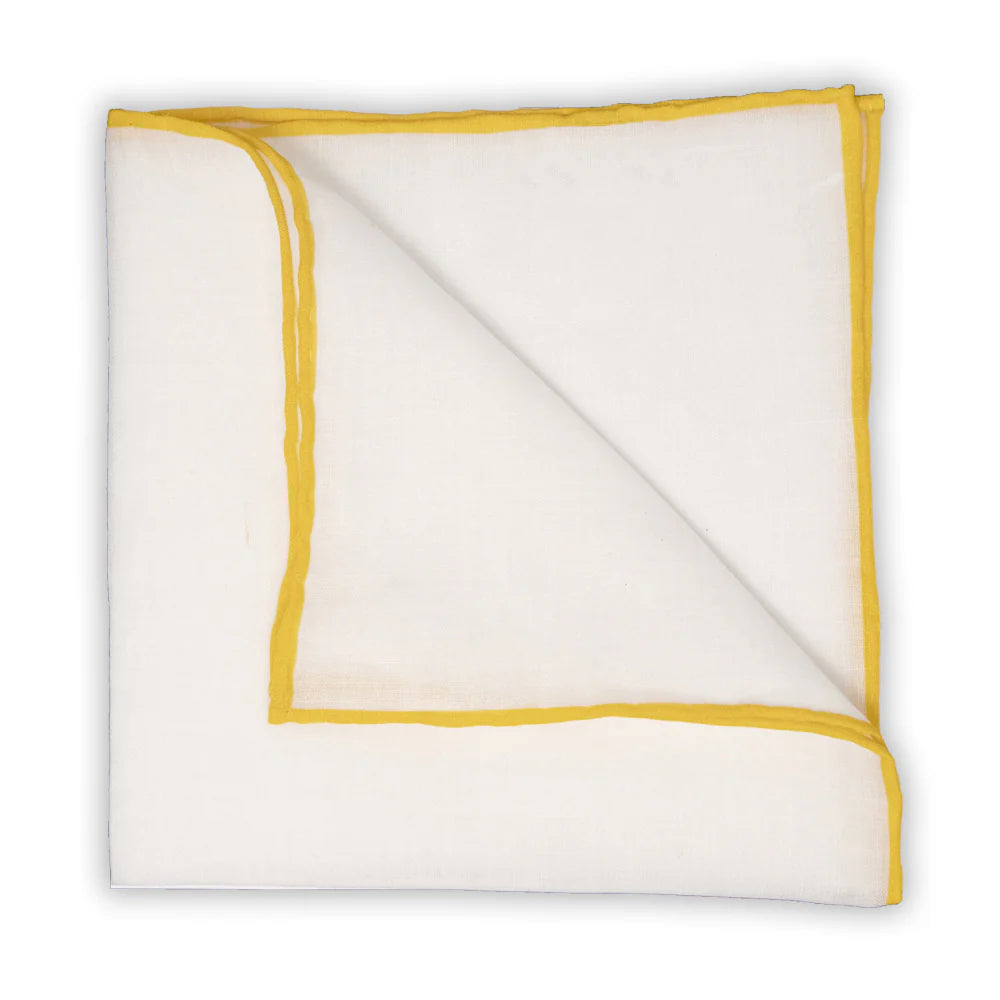 White Linen Pocket Square with Yellow Trim by Beau Ties of Vermont